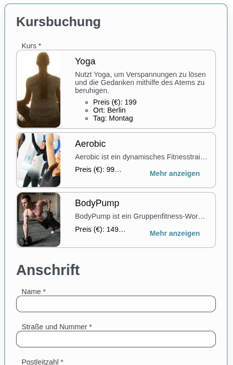 Registrierungsformular für Kurse oder Events mit Auswahl von Terminen mit detaillierten Event-Informationen.