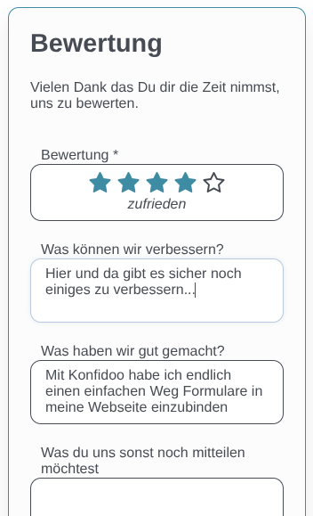 Übermittlung von Bewertungen mit Sternen und zusätzlichen Textfeldern basierend auf der Bewertung.